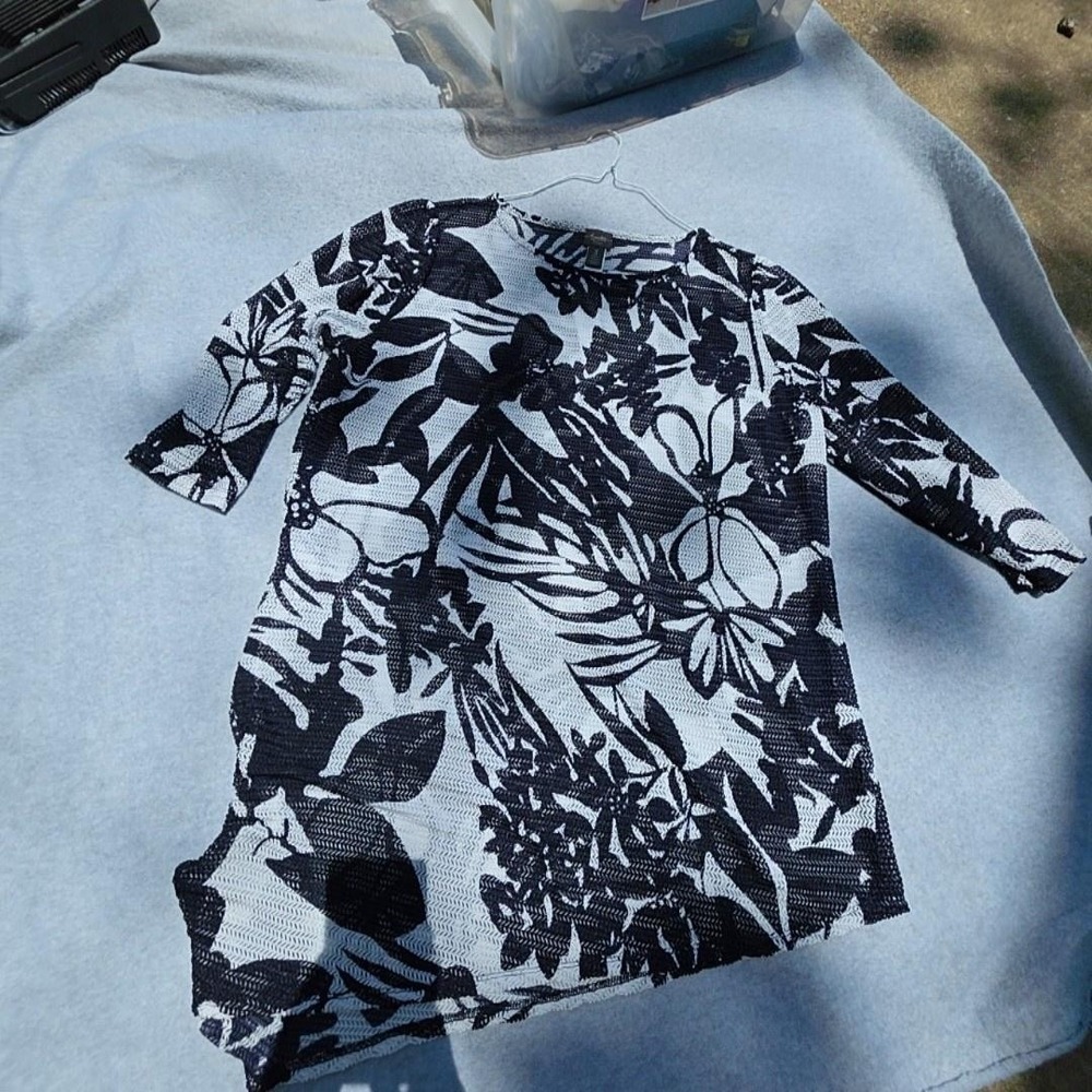 Chico's Blouse Womens 3 Blue Boat Neck‎ 3/4 Sleeve Mesh Floral Travelers Tunic